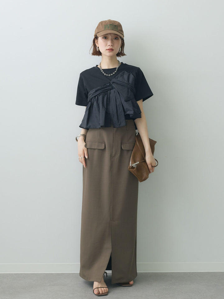 [予約]クレープデシンフラップ付きストレートスカート/brown