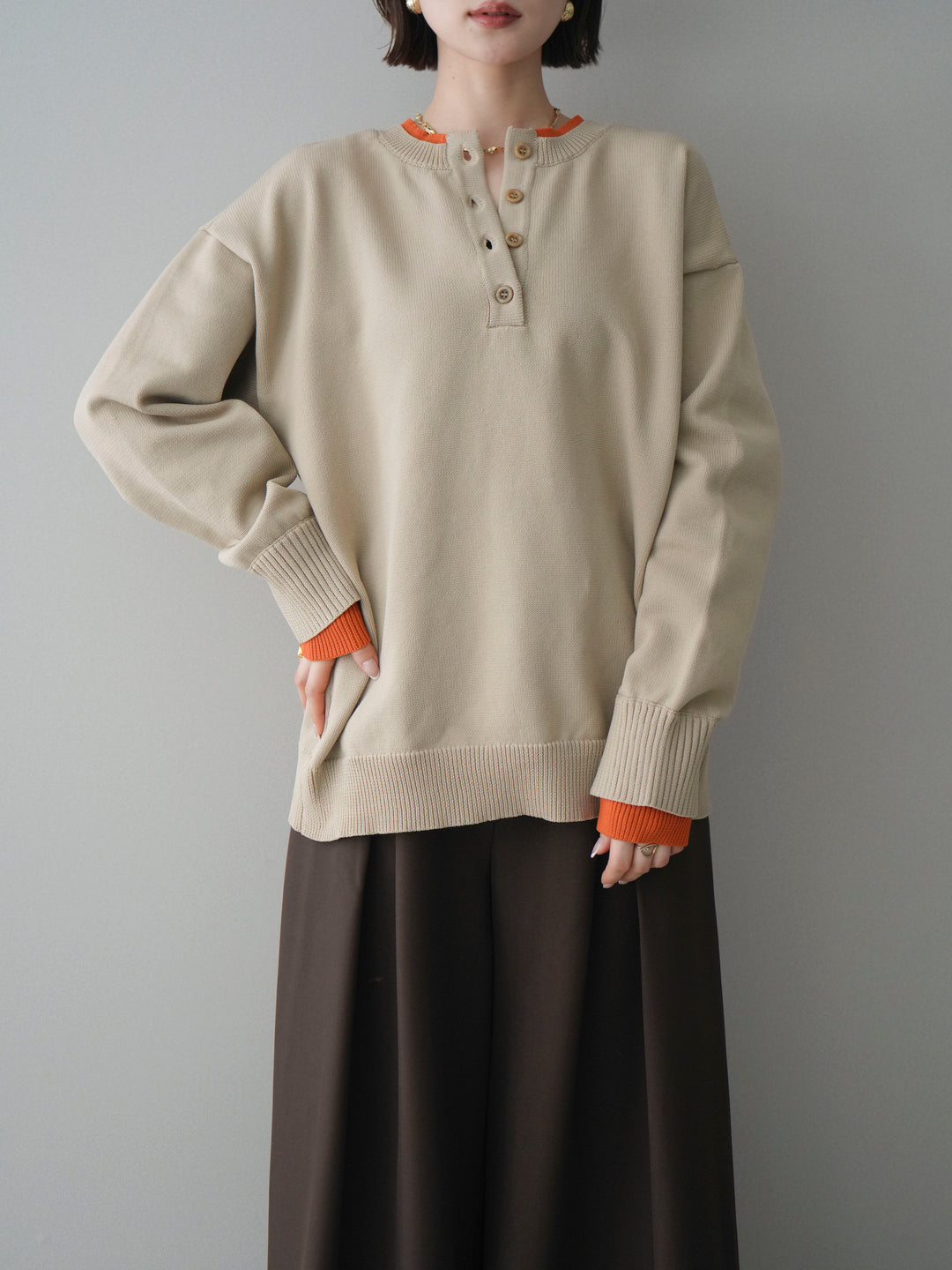 [予約]2WAYネック配色レイヤードニットプルオーバー/beige