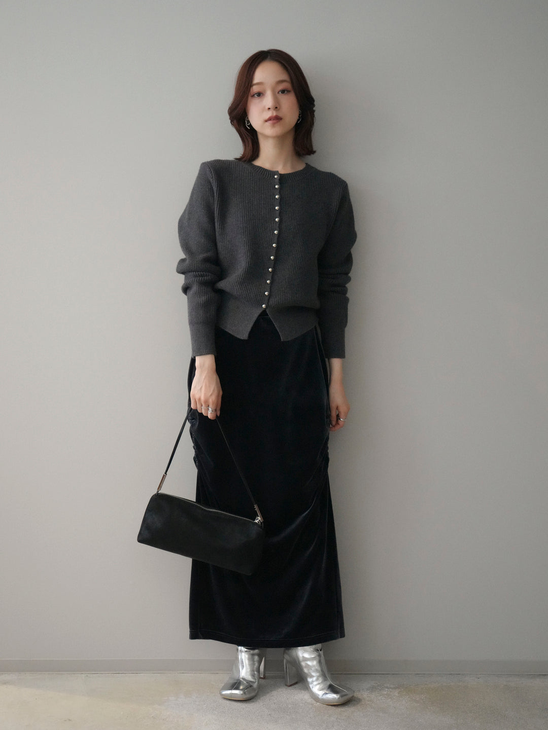 [予約]シルバーボタン畦編みニットカーディガン/charcoal