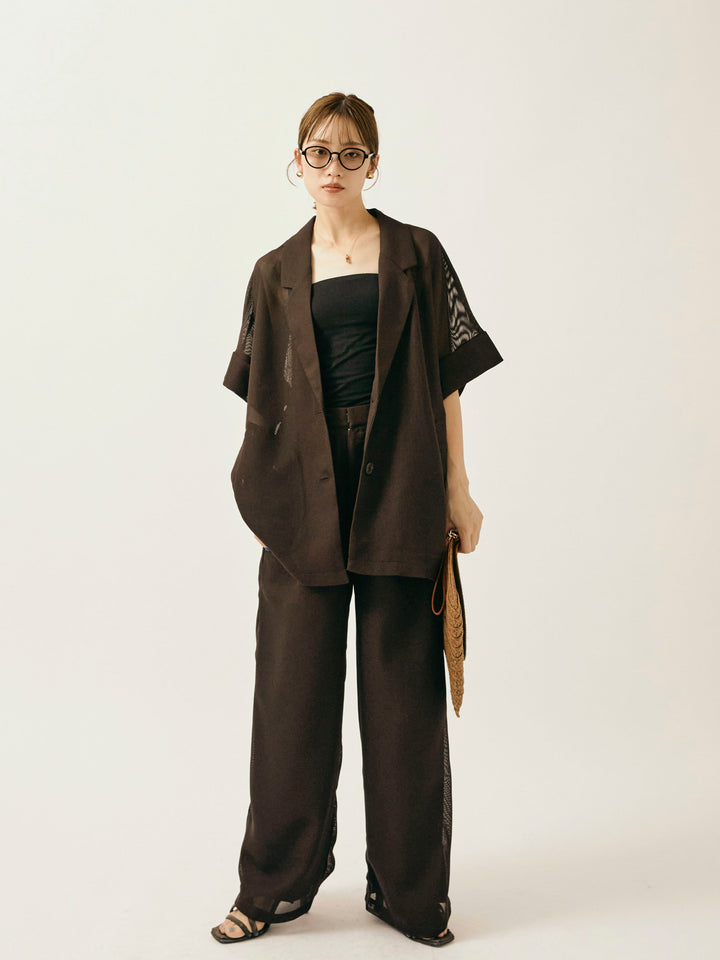 [予約]メッシュタックワイドパンツ/ブラウン