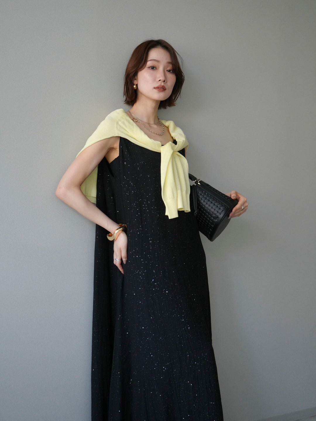 [予約]ラメツイストストラップVバックドレス/black