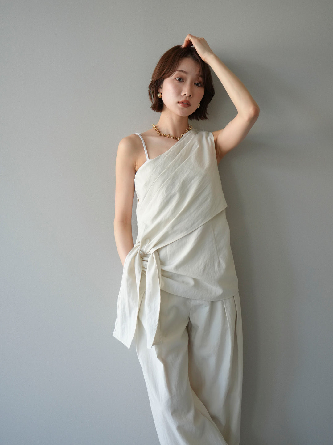 【套裝】單肩上衣+裹身褶皺闊腿褲（兩件套）