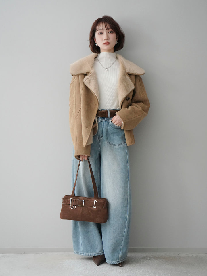 [SET]ムートンショートジャケット+ベルト付裏起毛カーブデニムパンツ(2set)