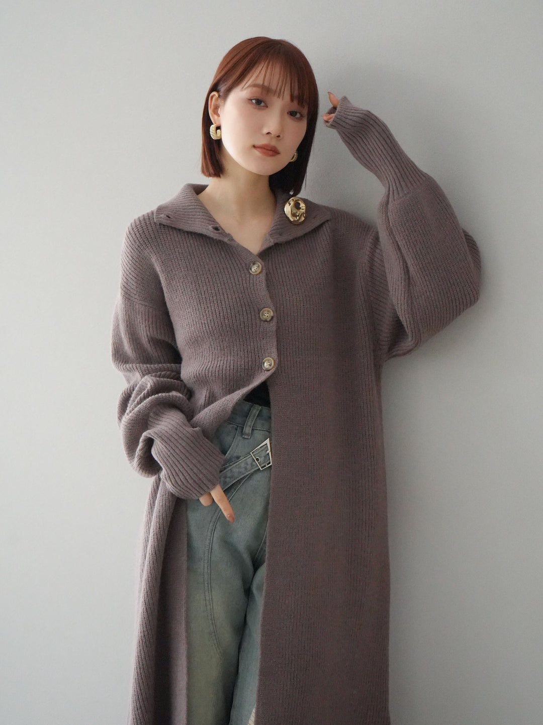[予約]ハイネックニットロングカーディガン/モカ