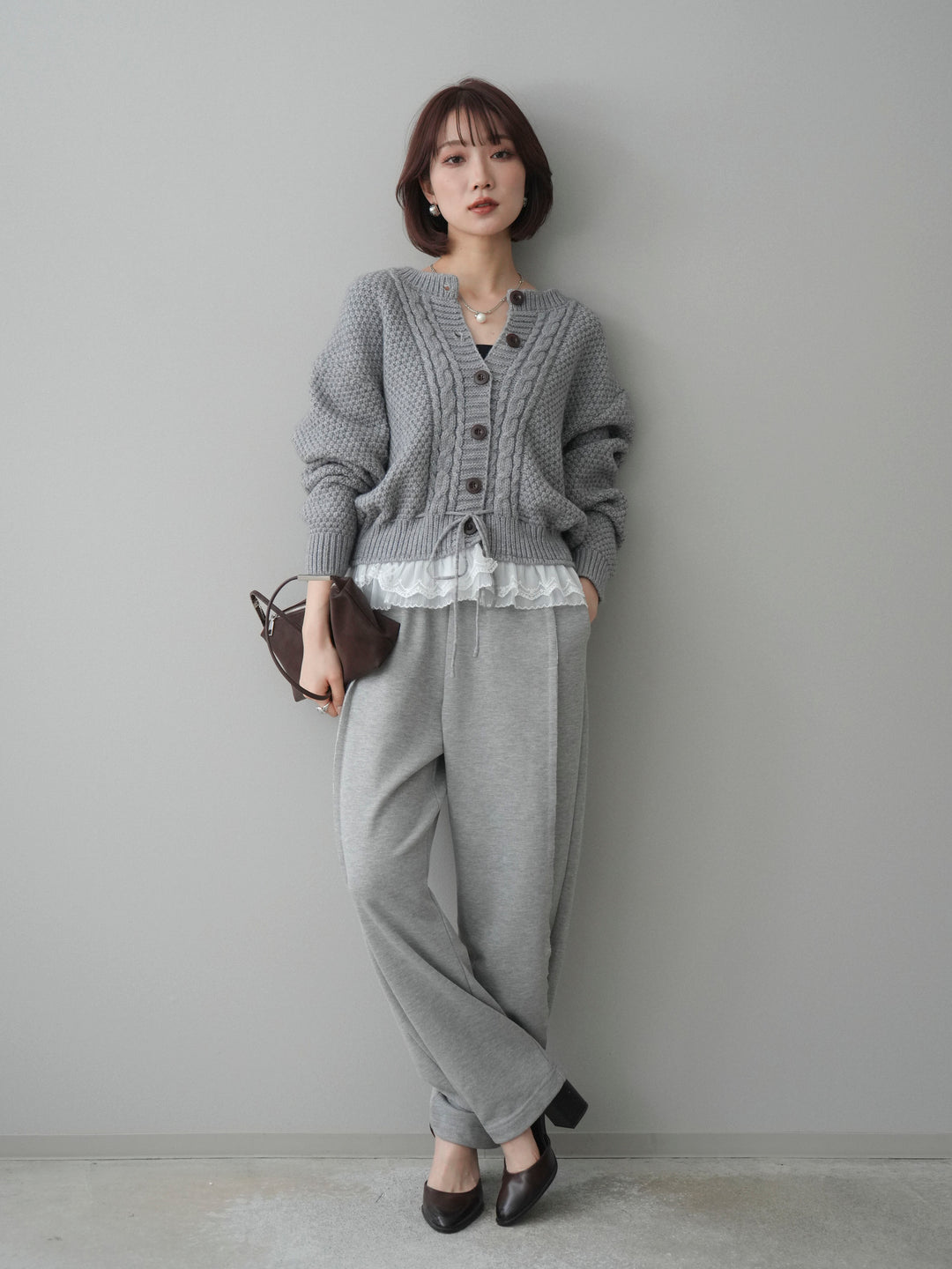 [SET]裾レースケーブルニットカーディガン+2WAYデザインスウェットパンツ(2set)