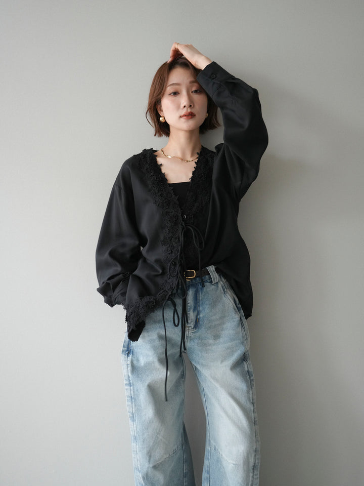 [SET]レースフロントリボンブラウス+サイドベルトワイドカーブデニム(2set)