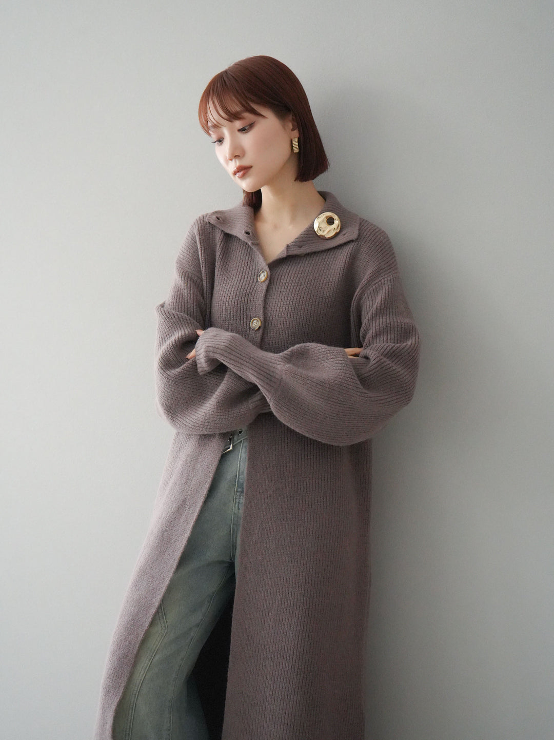 [予約]ハイネックニットロングカーディガン/モカ