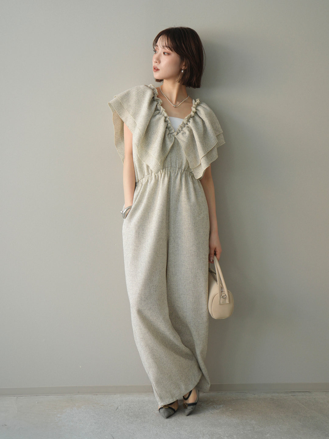 [SET]3WAYミックスツイードギャザーオールインワン+選べるアクセセット(2set)