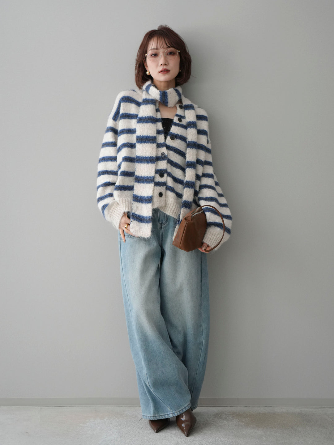 [予約]ボウタイ付きボーダーニットプルオーバー/white