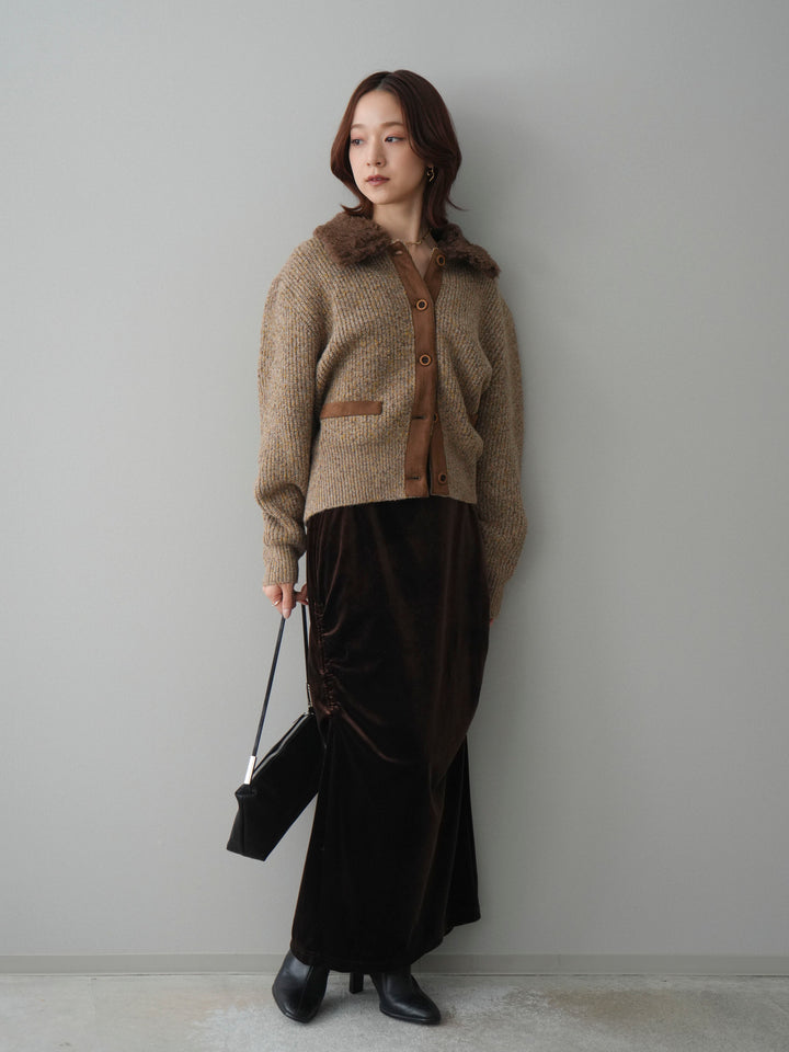 [SET]襟ボアミックスヤーンニットカーディガン+ギャザーベロアスカート(2set)