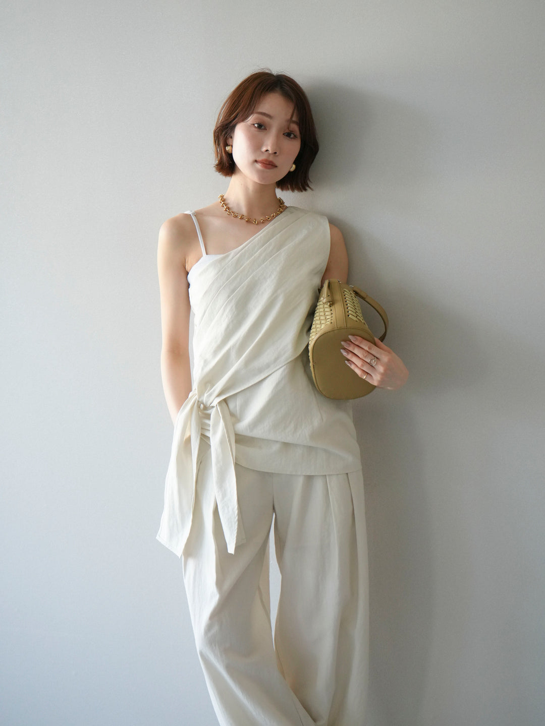 【套裝】單肩上衣+裹身褶皺闊腿褲（兩件套）