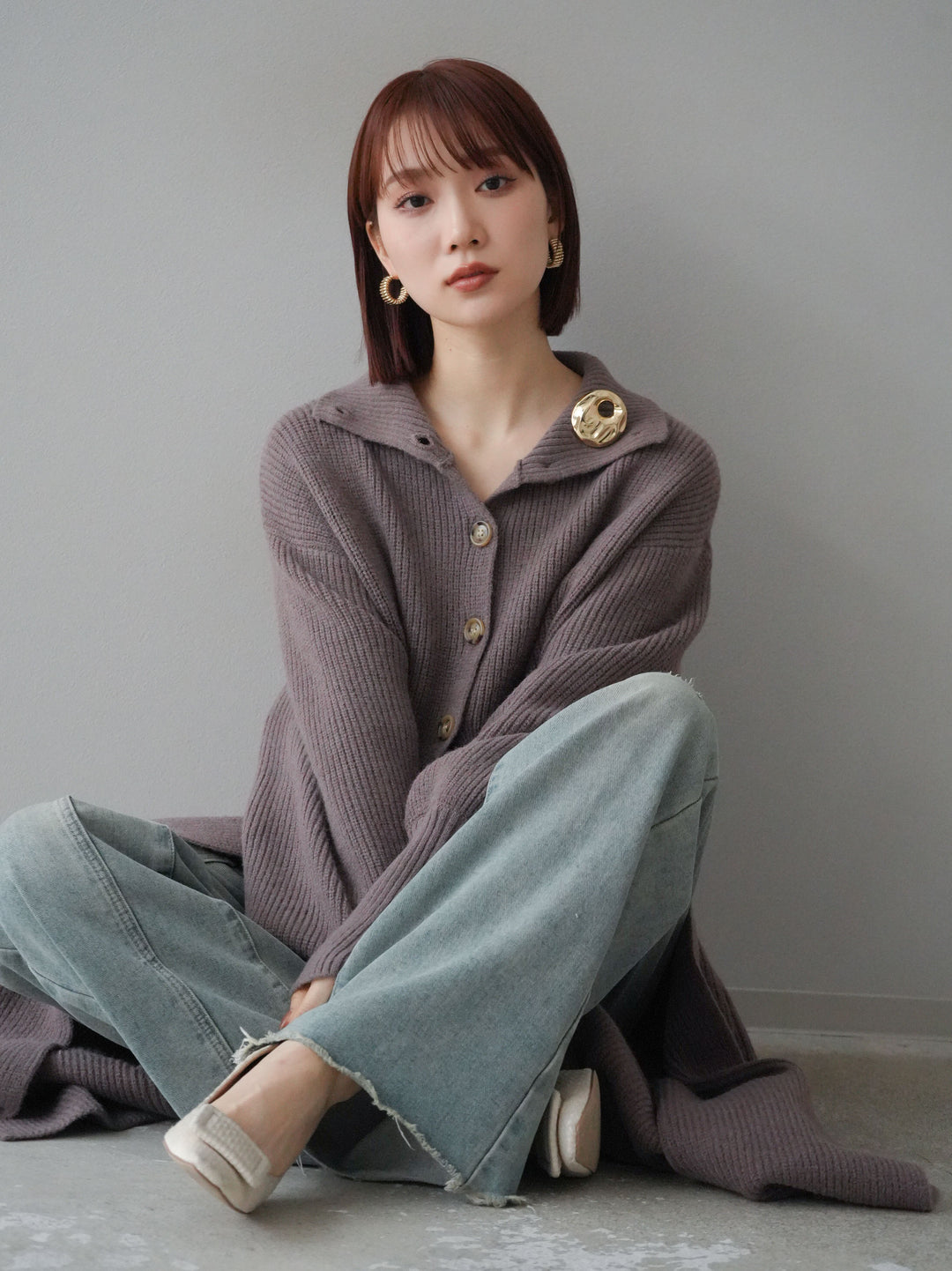 [予約]ハイネックニットロングカーディガン/モカ