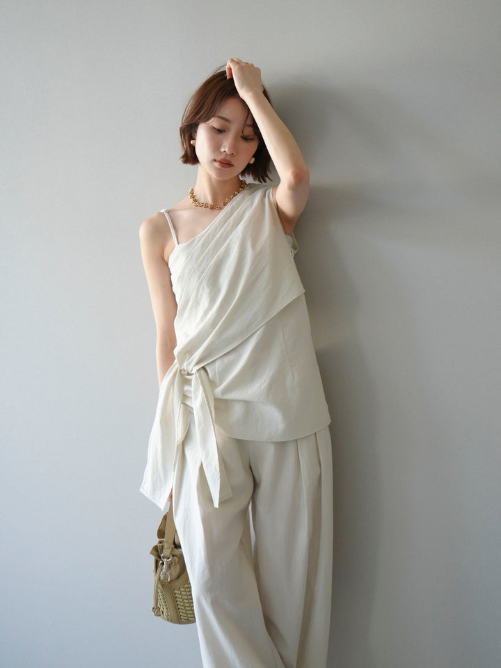 【套裝】單肩上衣+裹身褶皺闊腿褲（兩件套）