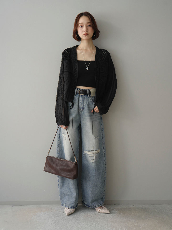 [SET]パッチワークシアーフリルブルゾン+ダメージデニムセミワイドパンツ(2set)