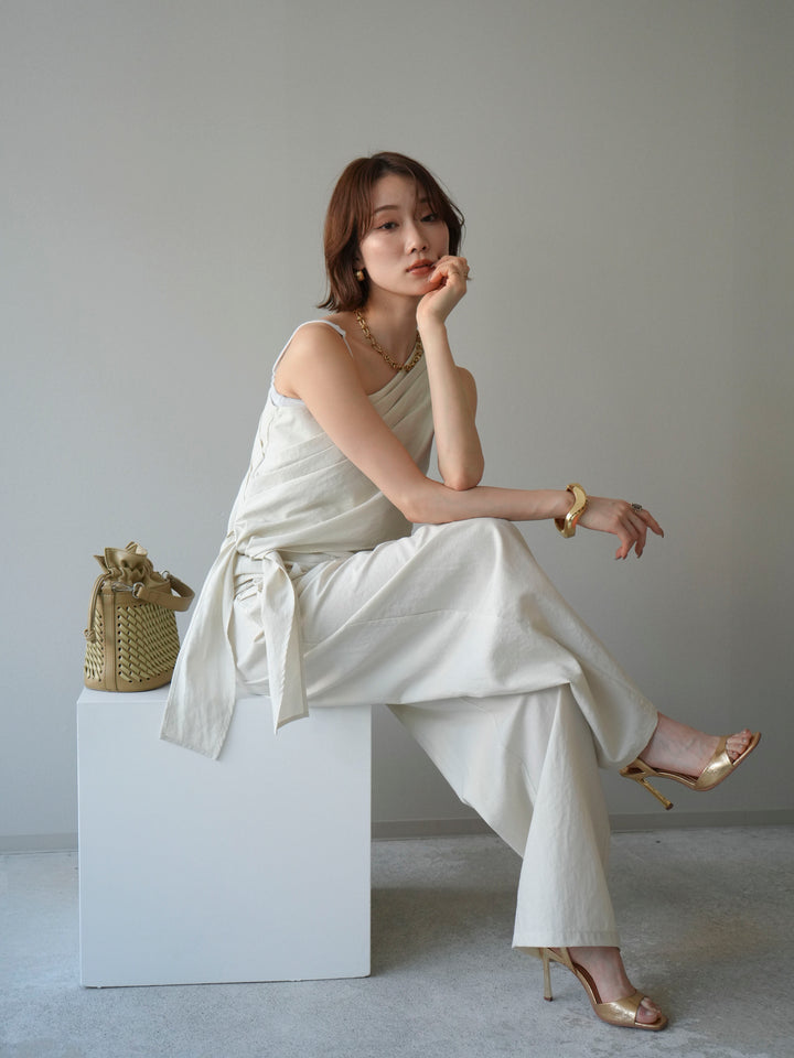 【套裝】單肩上衣+裹身褶皺闊腿褲（兩件套）