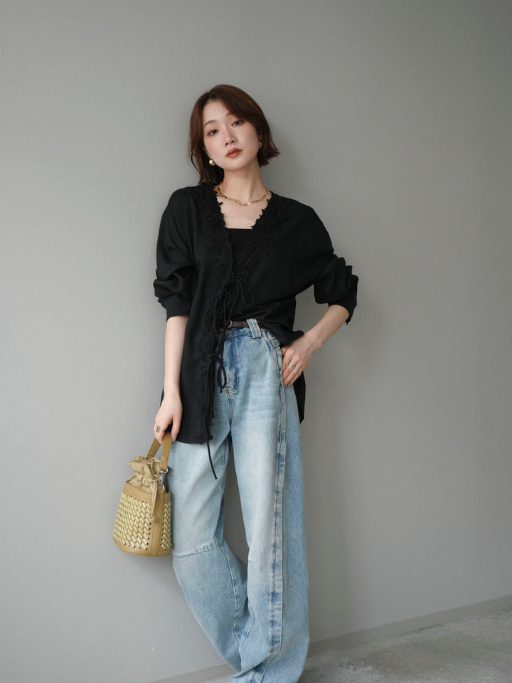 [SET]レースフロントリボンブラウス+サイドベルトワイドカーブデニム(2set)