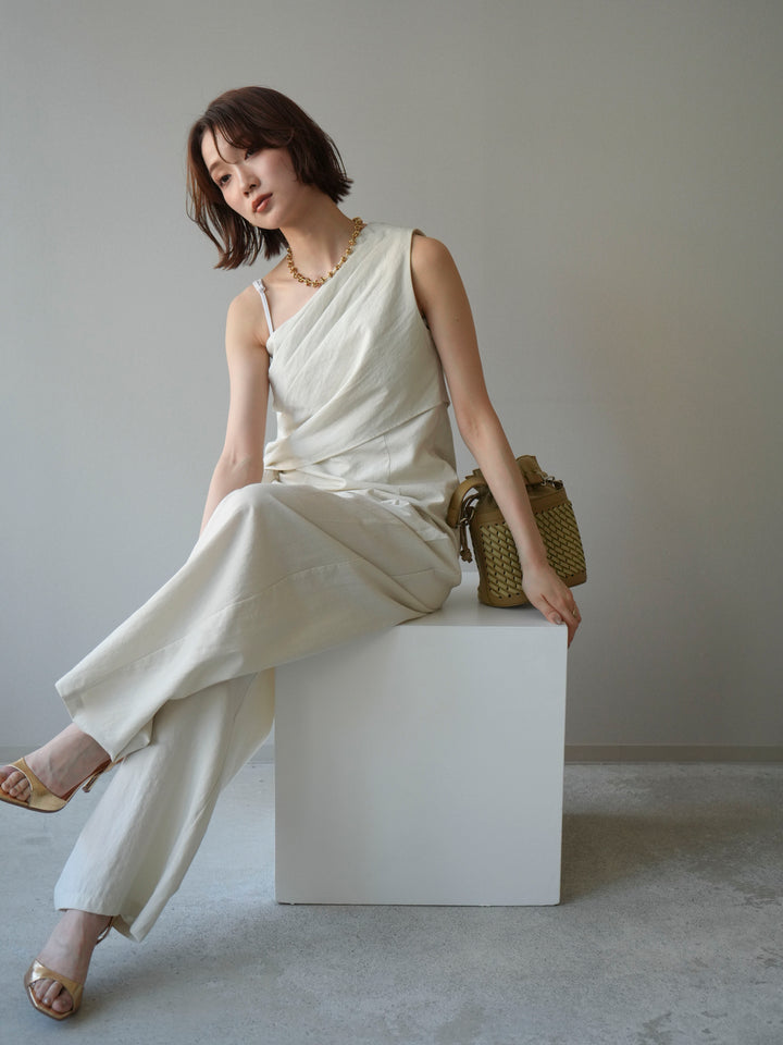 【套裝】單肩上衣+裹身褶皺闊腿褲（兩件套）