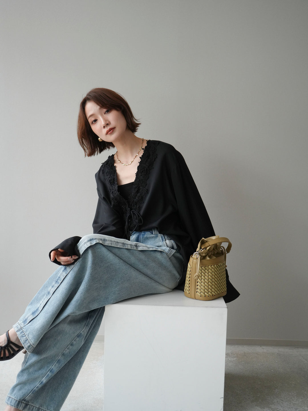 [SET]レースフロントリボンブラウス+サイドベルトワイドカーブデニム(2set)