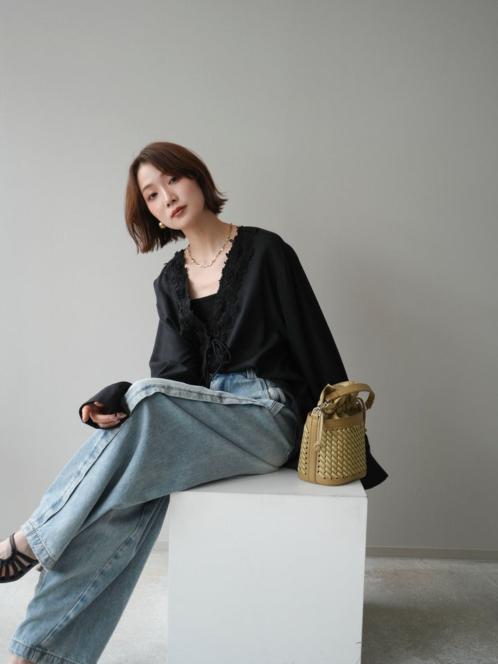 [SET]レースフロントリボンブラウス+サイドベルトワイドカーブデニム(2set)