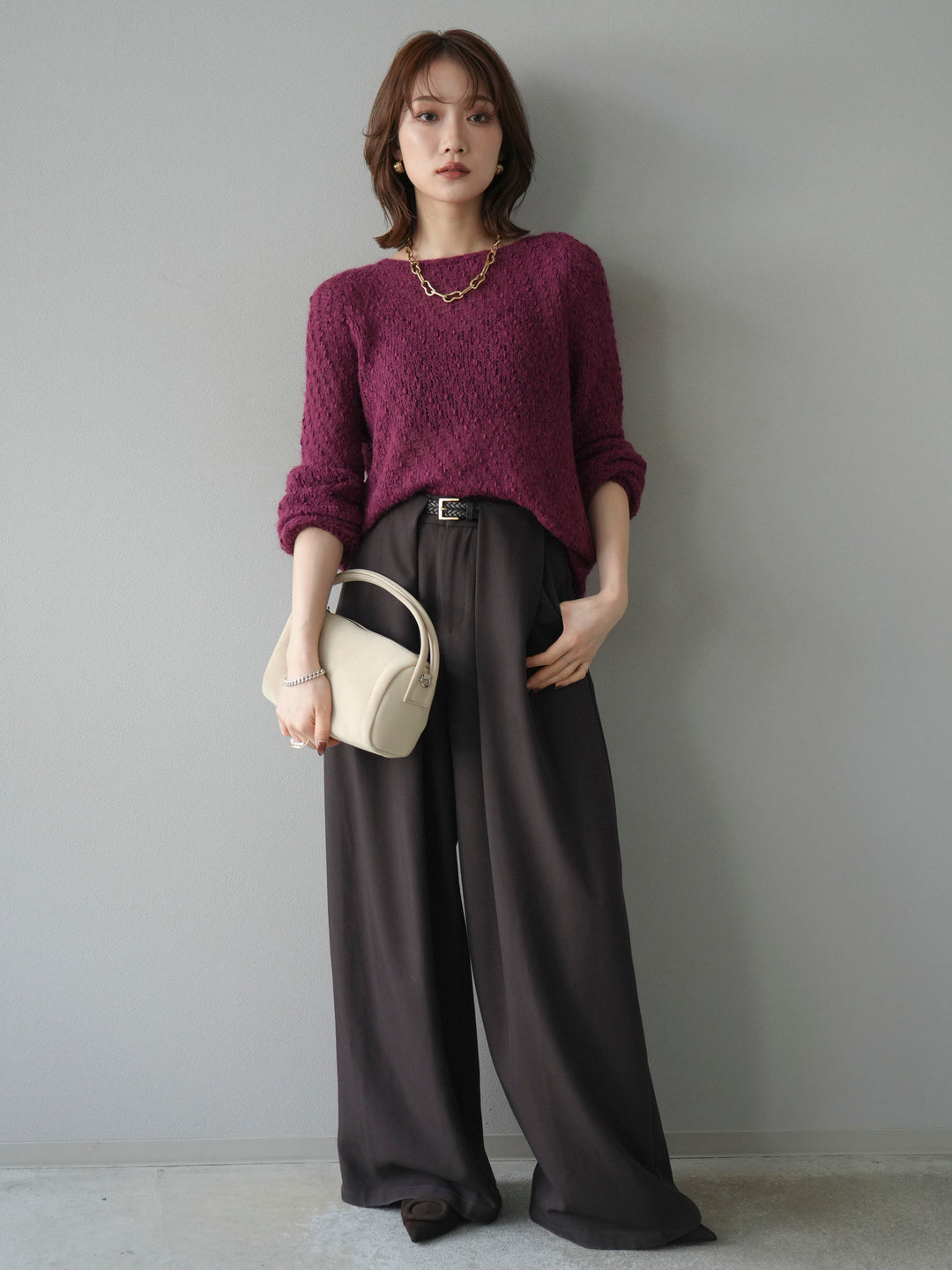 【着回しセット】[SET]求心柄クロップドニットカーディガン+異素材ミックスヤーンニットプルオーバー+ベルトループデザインワイドパンツ(3set)