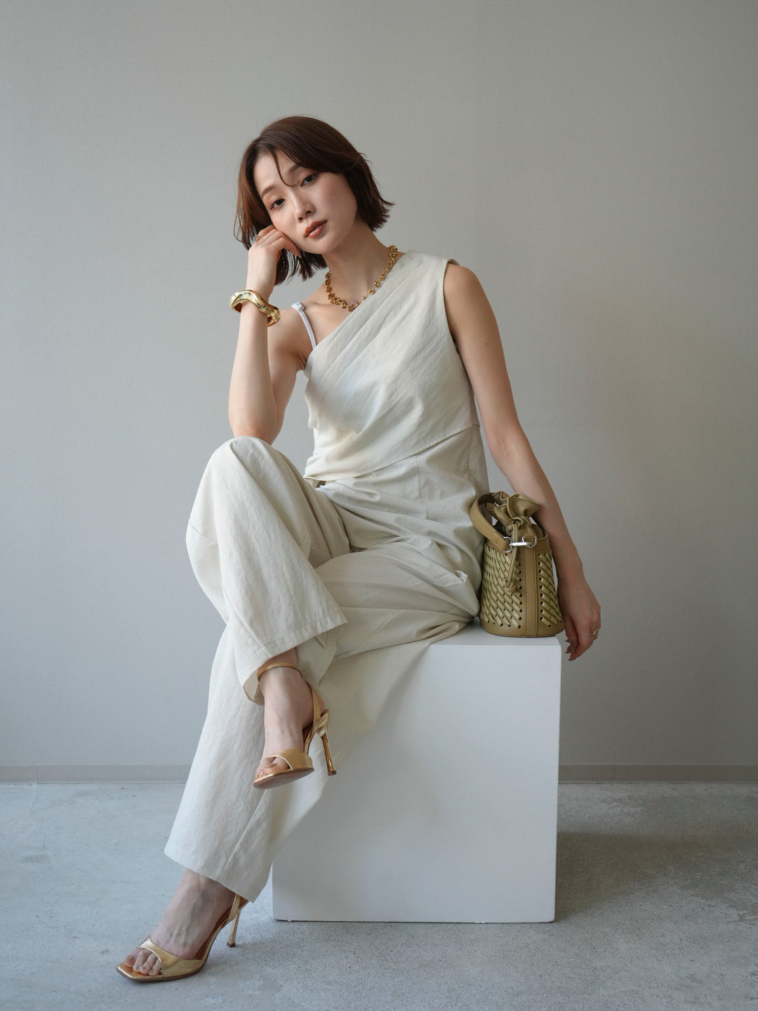 【套裝】單肩上衣+裹身褶皺闊腿褲（兩件套）