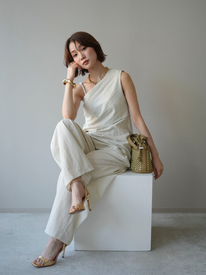 【套裝】單肩上衣+裹身褶皺闊腿褲（兩件套）