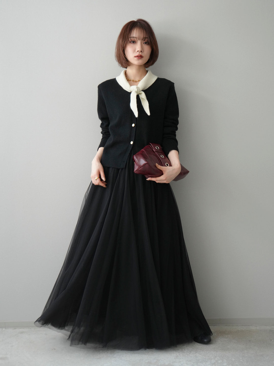 [SET]デザイン襟ニットカーディガン+チュールボリュームスカート(2set)