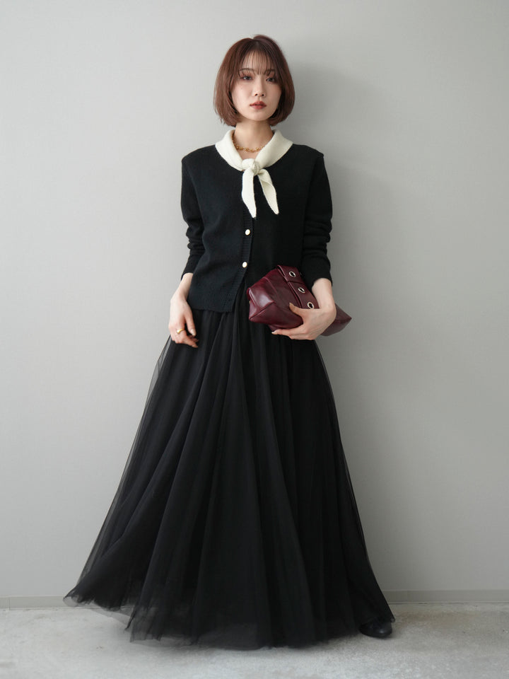 [SET]デザイン襟ニットカーディガン+チュールボリュームスカート(2set)