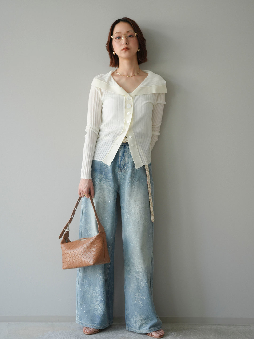 [予約]フラワー刺繍ビジューワイドデニムパンツ/lightblue
