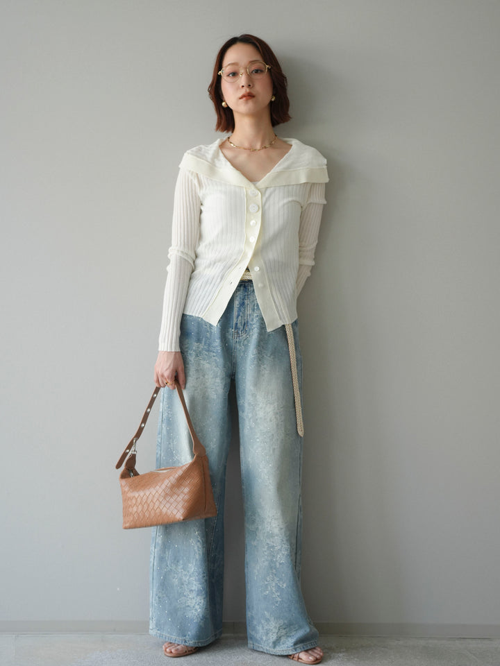 [予約]フラワー刺繍ビジューワイドデニムパンツ/lightblue