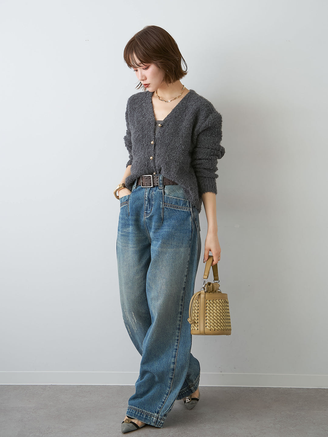 [予約]ベルト付ニークラッシュデニム/blue