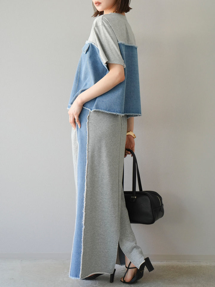 [予約]デニムドッキングスウェットスカート/グレー