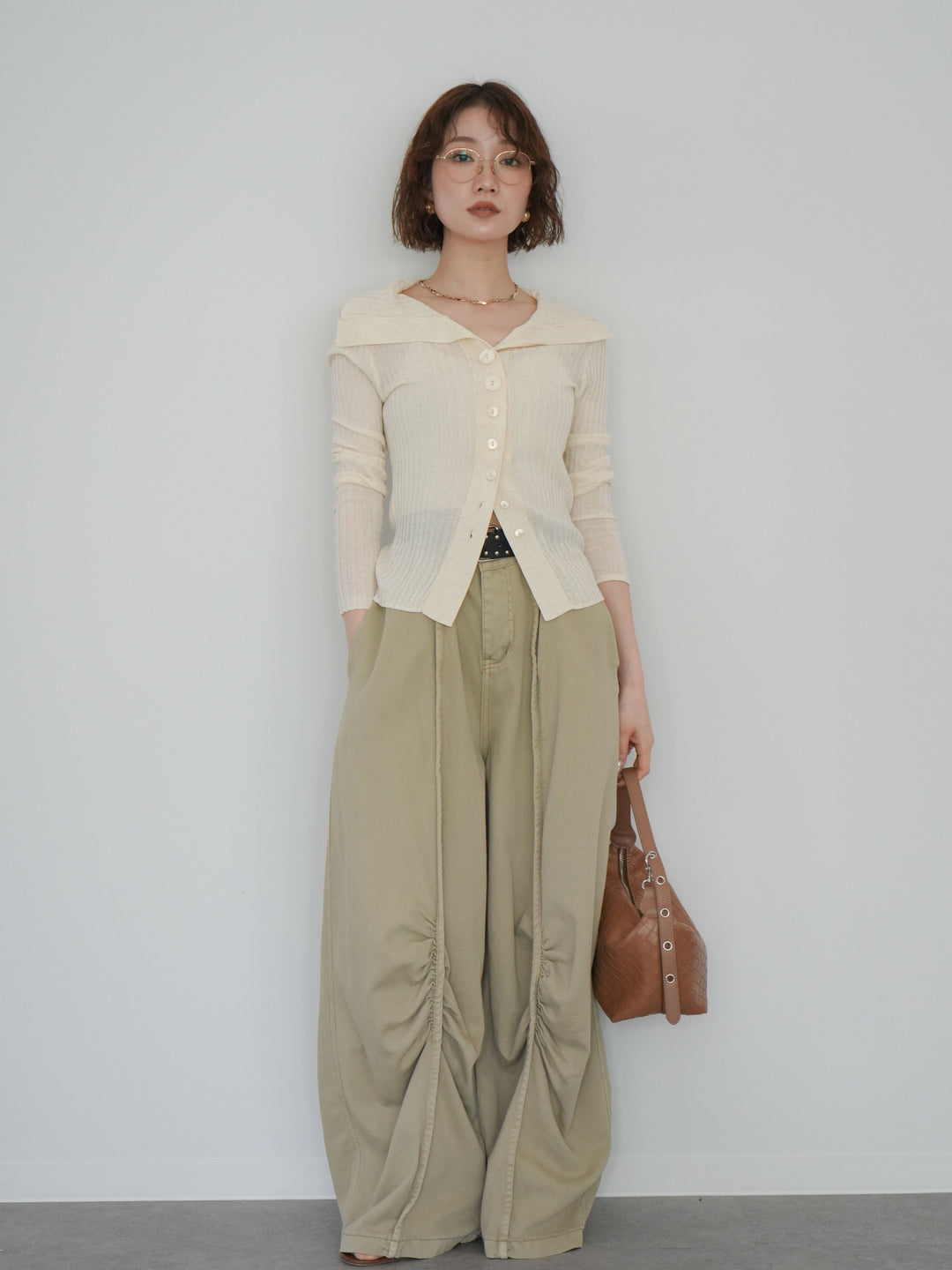 [予約]ベルト付センターギャザーワイドパンツ/beige