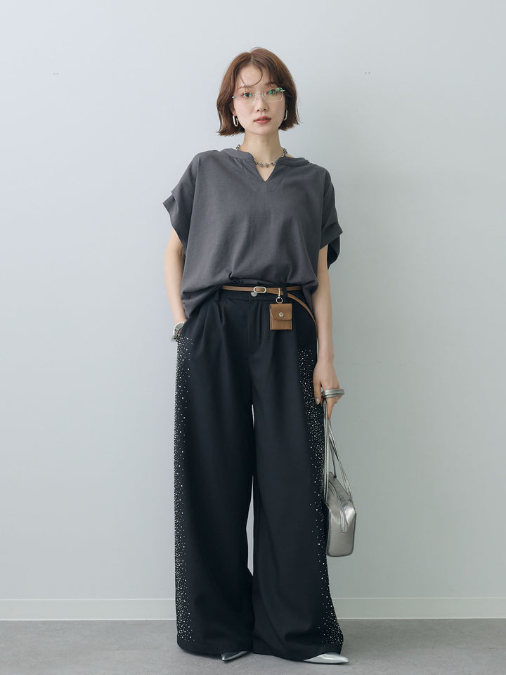 [予約]ポーチベルト付サイドビジュータックワイドパンツ/black