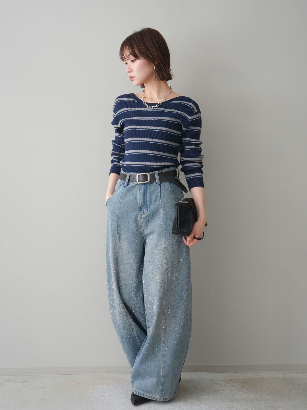 [予約]フロントビジューカーブデニムパンツ/lightblue