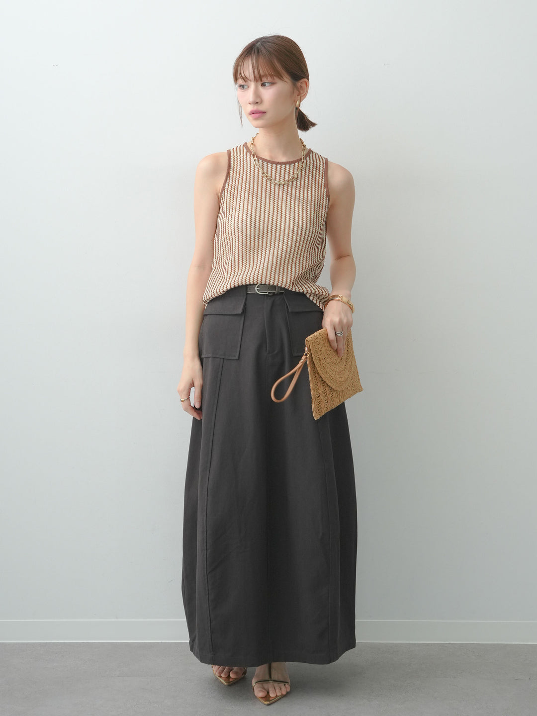 [予約]ベルト付パッチポケットカーブスカート/brown
