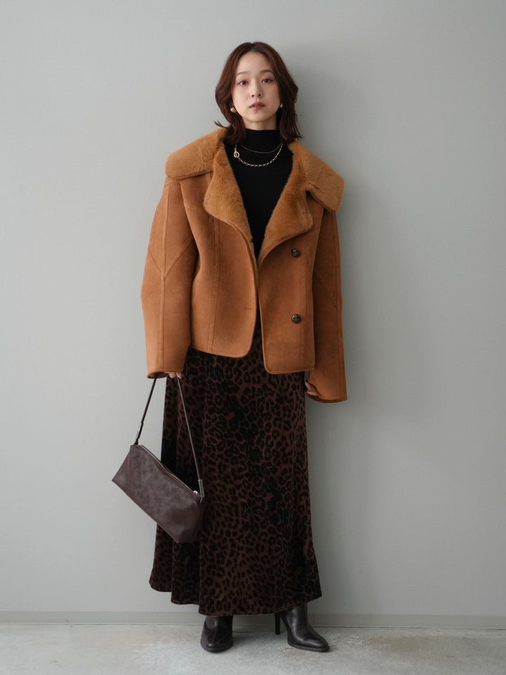 [SET]ムートンショートジャケット+袖ボタンボトルネックリブニットトップス(2set)