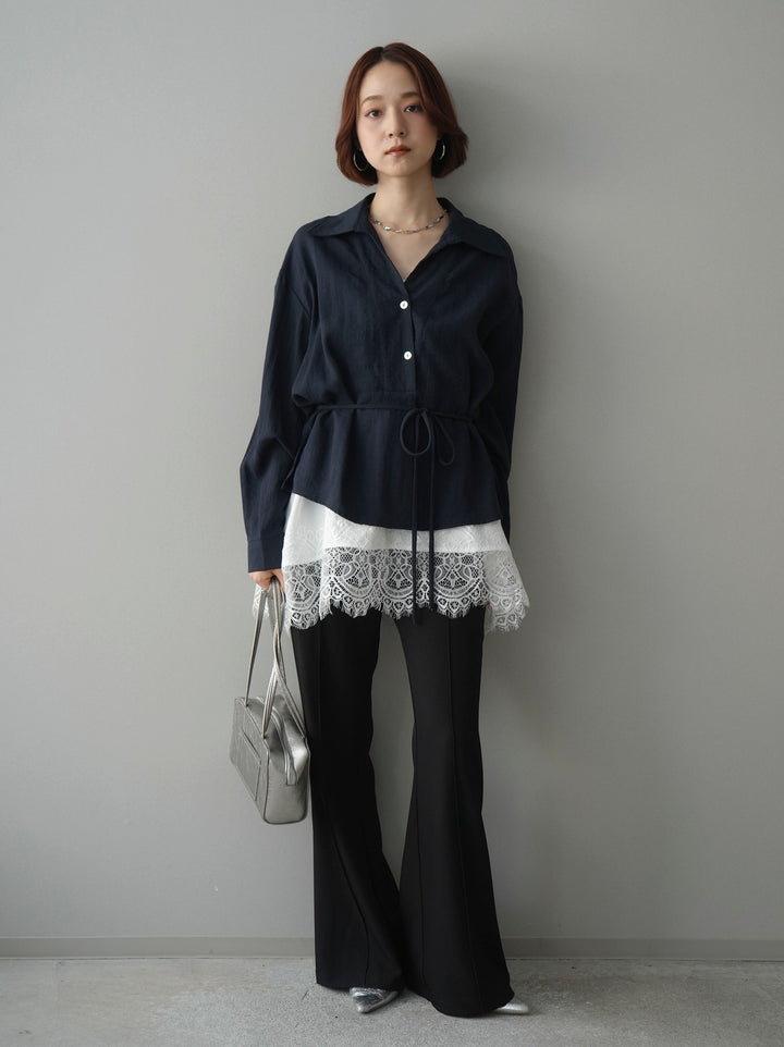 [SET]Vネック変形ラインシャツ+レーストリムキャミソール+センターシームフレアパンツ(3set)