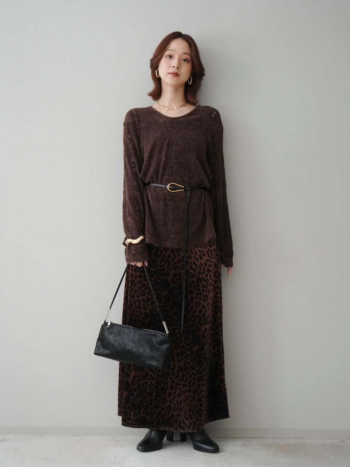 [SET]モール透かし編みニットトップス+レオパードベロアナロースカート(2set)