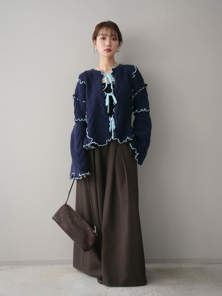 [SET]フロントリボン配色メローニットカーディガン+テープベルトタックバギーパンツ(2set)