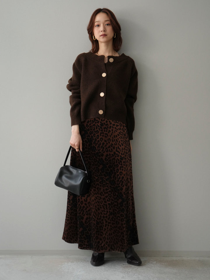 [SET]BIGボタンニットカーディガン+レオパードベロアナロースカート(2set)