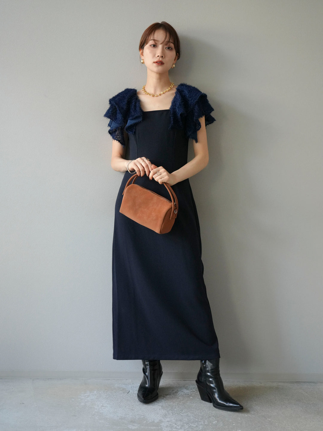 [予約]ジャガードフレアスリーブドレス/ネイビー