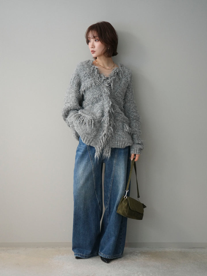 [予約]ミックスヤーンフリンジデザインニットジャケット/gray