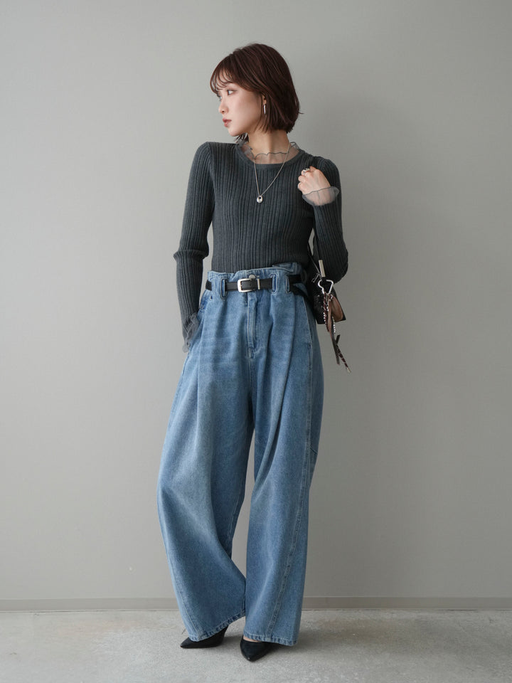 [SET]チュールドッキングリブニットトップス+ハイウエストベルトループデザインデニムパンツ(2set)
