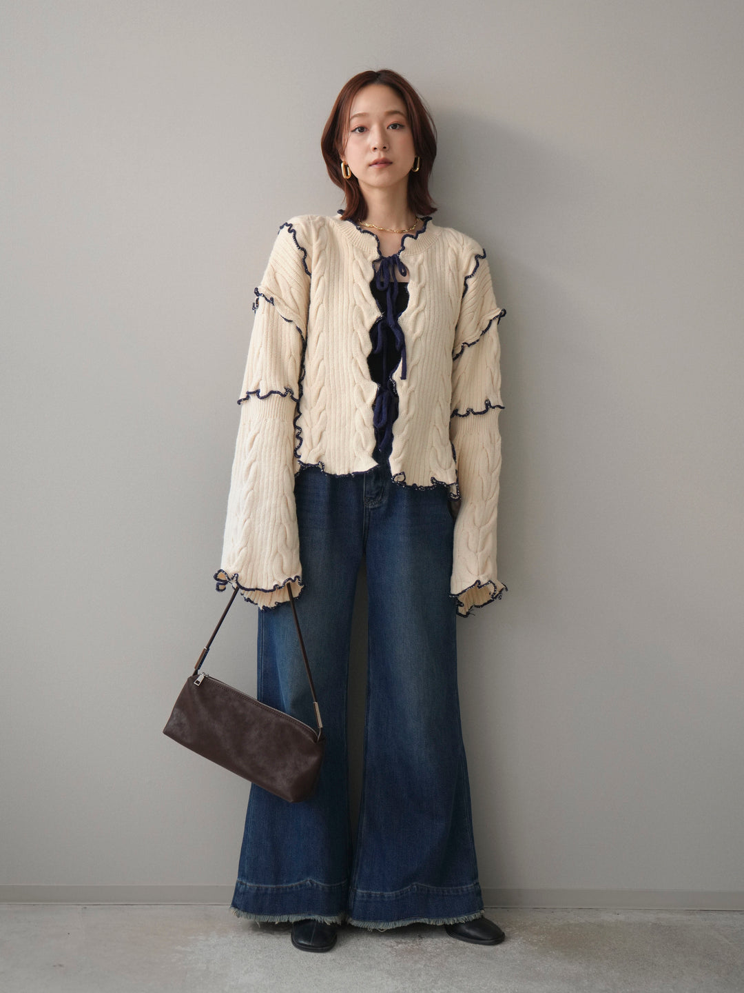 [SET]フロントリボン配色メローニットカーディガン+裏起毛裾フリンジワイドデニムパンツ(2set)