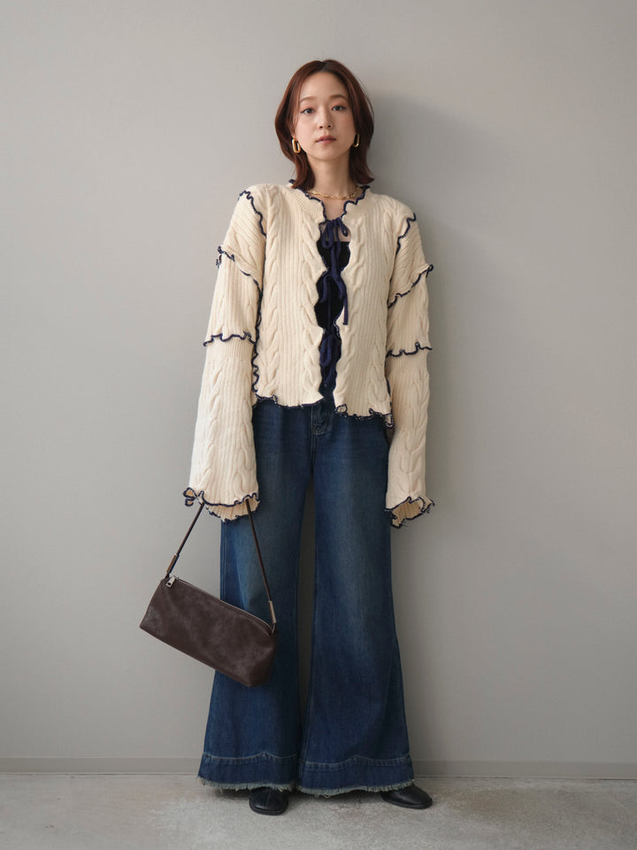 [SET]フロントリボン配色メローニットカーディガン+裏起毛裾フリンジワイドデニムパンツ(2set)