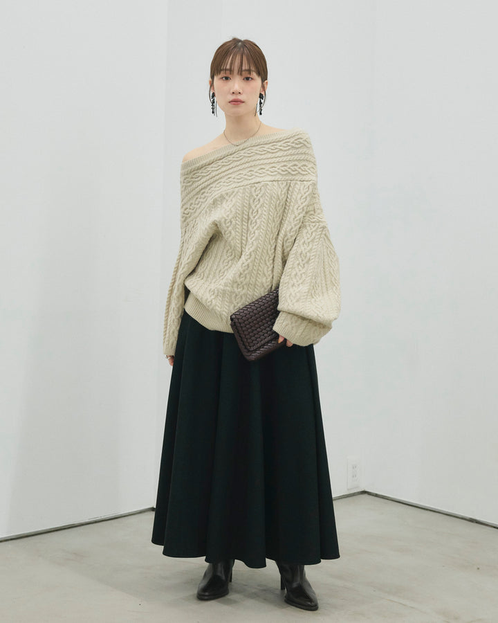 【Allure】[SET]ケーブルワンショルニットプルオーバー+ウールタッチフレアスカート(2set)