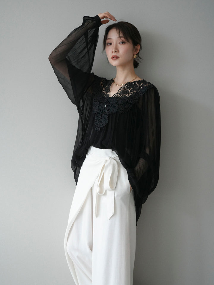[予約]レースディテールシアーブラウス/black