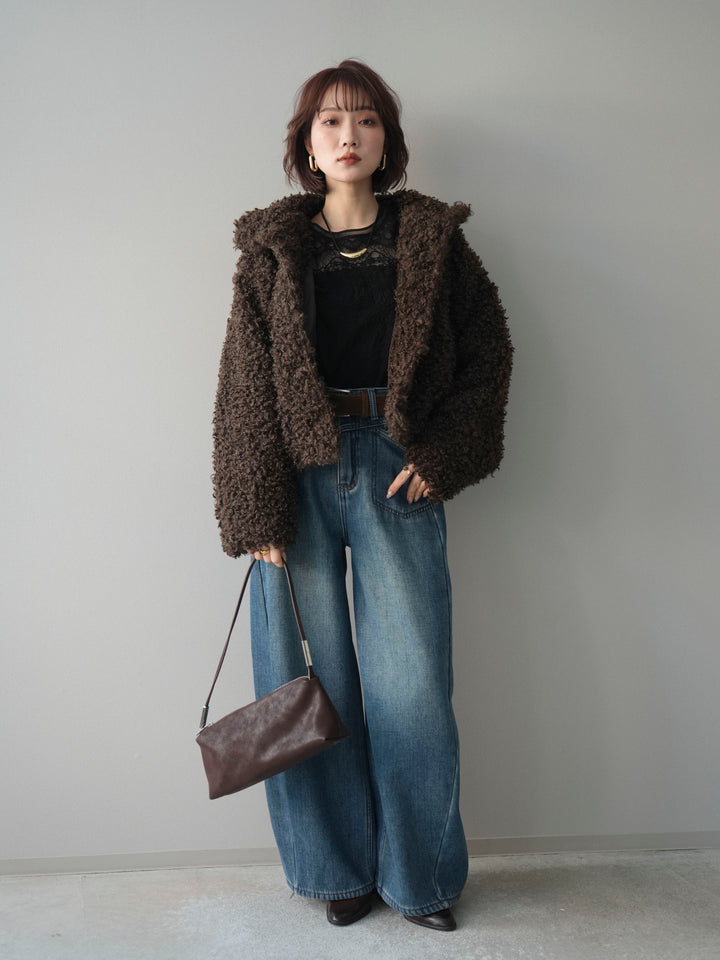 [SET]プードルファーミドルスタンドブルゾン+ベルト付裏起毛カーブデニムパンツ(2set)