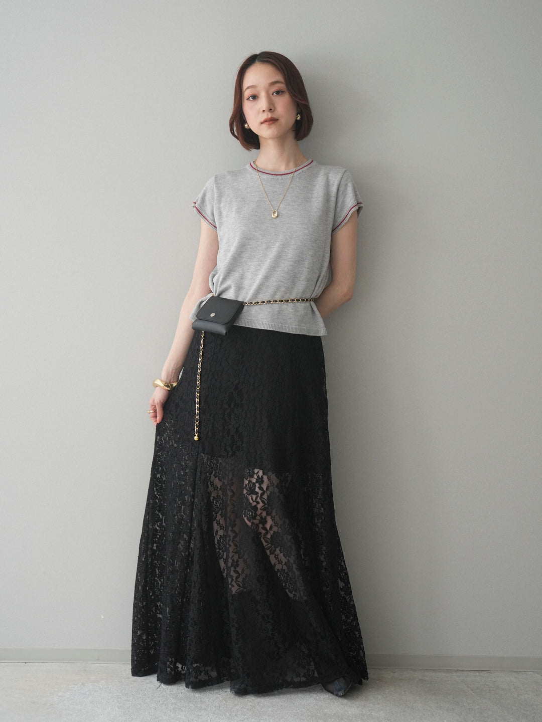 [予約]配色ハーフスリーブニットトップス/gray